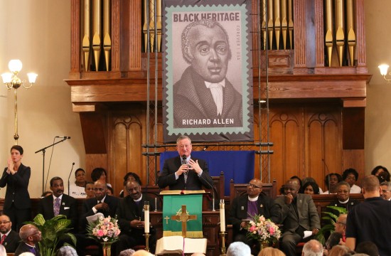 Mayor Jim Kenney speaks at the Richard Allen stamp commemoration.