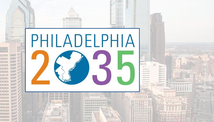 El logotipo de Filadelfia 2035 sobre el horizonte de Filadelfia.