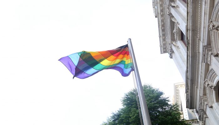 Bandera del orgullo LGBTQ Más color, más orgullo en el mástil.