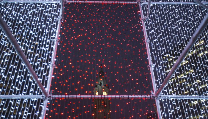 Strands of small lights with City Hall in the background