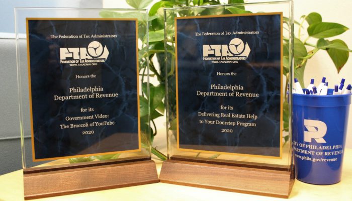 Two award plaques from the Federation of Tax Administrators, given to the Philadelphia Department of Revenue