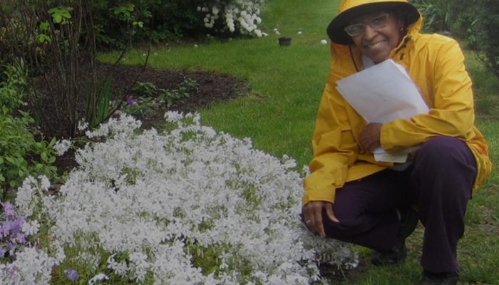 一个穿着雨衣的女人跪在花旁。