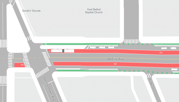 Mapa Erie Avenue en Broad Street con carriles para buses