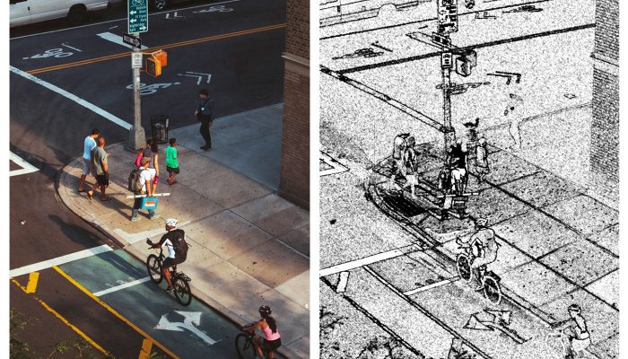 Comparación lado a lado de una imagen que muestra a las personas y los vehículos en una calle, y la imagen perimetral que produce la farola inteligente.