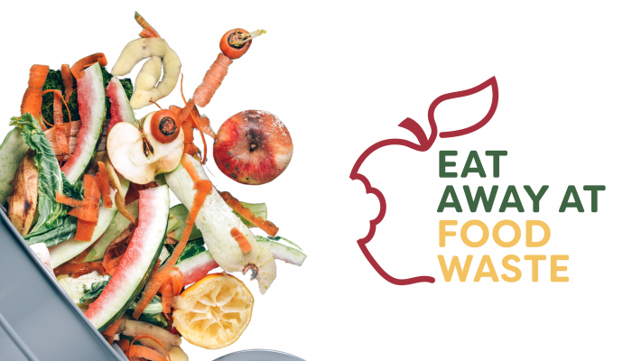 De izquierda a derecha: un contenedor rebosante de productos magullados y restos de comida. Logotipo de la campaña “Eat Away at Food Waste”.