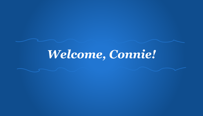 蓝色背景，白色文字，写着“欢迎Connie”