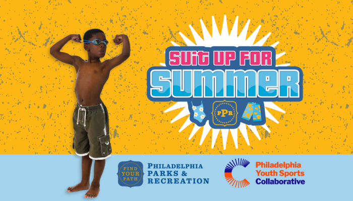 graphic for Suit up for Summer. African-American boy wearing googles and swim shorts. He is flexing his muscles.