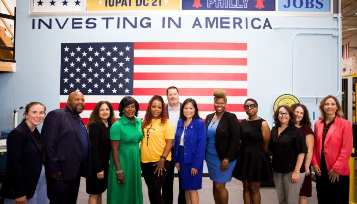 Mayor Cherelle L. Parker standing with government members, including Acting Secretary of Labor, Julie Su and White House Domestic Policy Advisor, Neera Tanden