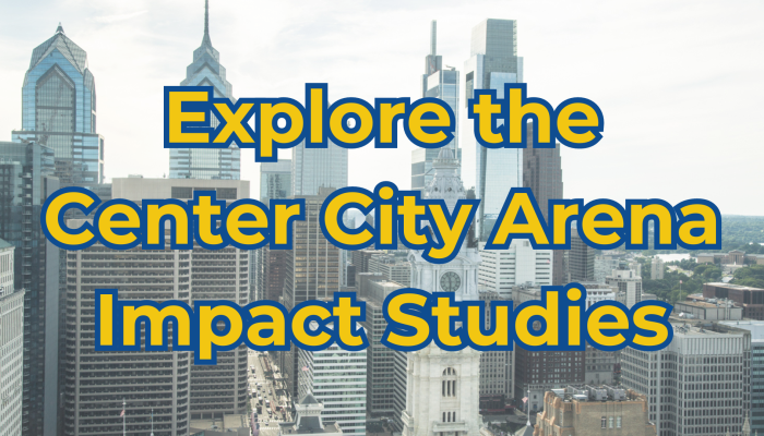 Gráfico com vista do horizonte da Filadélfia e texto que diz: “Explore os estudos de impacto da Center City Arena”