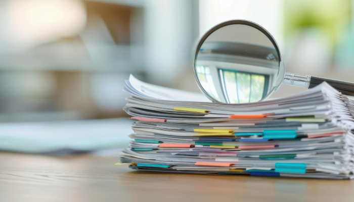 A pile of folders and notes with a large magnifying glass on top.