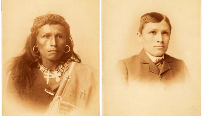 Two images of Tom Torlino. The first shows Torlino wearing traditional dress, looking beyond the camera as his dark hair tumbles past his shoulders. In the second image, Torlino's skin looks lighter, he wears a suit, and his hair has been cut..