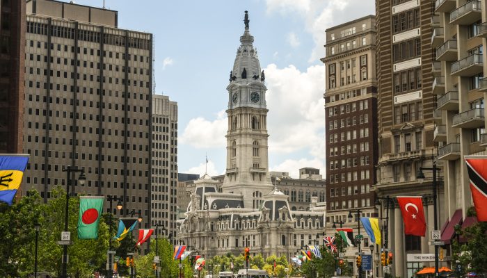 Photo of City Hall and surrounding buildings on the Benjamin Frankling Parkway