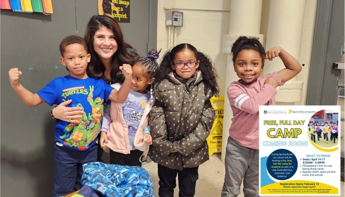 Four young children strike strong poses in front of Chief Education Officer Debora Carrera in a school cafeteria. A thumbnail image of a flyer distributed to parents is placed in the right corner. The information in the flyer is the same as the information on this webpage.